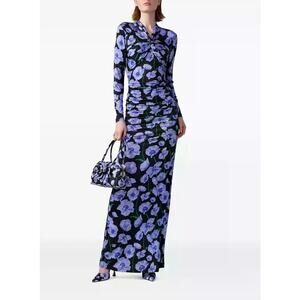 NWT Carolina Herrera Floral Print Maxi Dress Purple Black Size Small